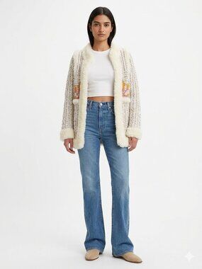 Vintage 80s Le Sweater Cardigan Jacket Chunky Knit  Faux Fur Trim Cream EUC